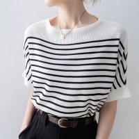 Carpe diem/カルペディエム Carpe diem ドルマンスリーブ ドルマンニット ボーダーtシャツ 半袖 オフショルダー 半袖 オフィスカジュアル 夏服 春新作tシャツ /508407524