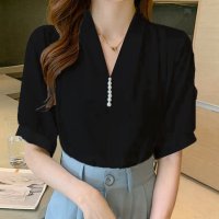 Carpe diem/カルペディエム Carpe diem シャツ半袖 ブラウス半袖 パール付きトップス パール付きシャツ vネックシャツ 五分丈 半袖ブラウス 半袖シャツブラウス /508407525