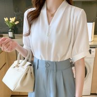 Carpe diem/カルペディエム Carpe diem シャツ半袖 ブラウス半袖 パール付きトップス パール付きシャツ vネックシャツ 五分丈 半袖ブラウス 半袖シャツブラウス /508407525