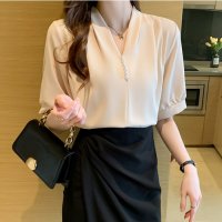 Carpe diem/カルペディエム Carpe diem シャツ半袖 ブラウス半袖 パール付きトップス パール付きシャツ vネックシャツ 五分丈 半袖ブラウス 半袖シャツブラウス /508407525