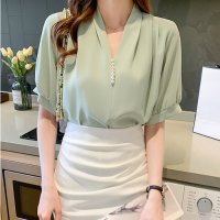 Carpe diem/カルペディエム Carpe diem シャツ半袖 ブラウス半袖 パール付きトップス パール付きシャツ vネックシャツ 五分丈 半袖ブラウス 半袖シャツブラウス /508407525
