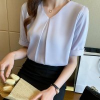Carpe diem/カルペディエム Carpe diem シャツブラウス半袖 Vネック ブラウス 半袖シャツ 五分丈 ギャザー カジュアル 夏トップス マットサテンシャツ オーバー/508407528