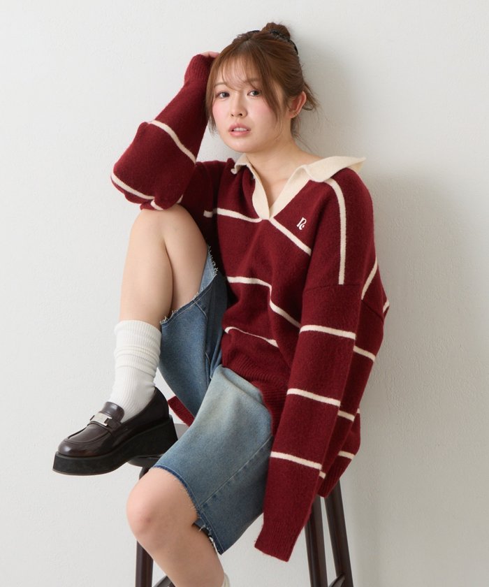 Karl Helmut　ポロニット　サマーニット　太ボーダー　刺繍　リンガー P'MAS×Karl Helmut】裾リブボーダーポロシャツ｜ピンクハウス