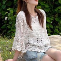 shoppinggo/ショッピングゴー shoppinggo ニット 透かし編み シアーニット 透かし編みニット レディース 長袖クロシェ編みトップス 薄い ラウンドネック レトロ /508417968