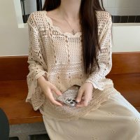 shoppinggo/ショッピングゴー shoppinggo ニット 透かし編み シアーニット 透かし編みニット レディース 長袖クロシェ編みトップス 薄い ラウンドネック レトロ /508417968