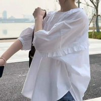 shoppinggo/ショッピングゴー shoppinggo ブラウス バックリボン シャツトップス半袖 フリル袖 スキッパーブラウス オフィスカジュアル 韓国風 フォーマル 通勤O/508417970