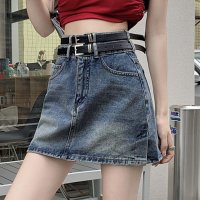 shoppinggo/ショッピングゴー shoppinggo デニムミニスカート ダブルベルト レディースデニムスカート ショートスカート タイトスカート Aライン 台形スカート フ/508417971