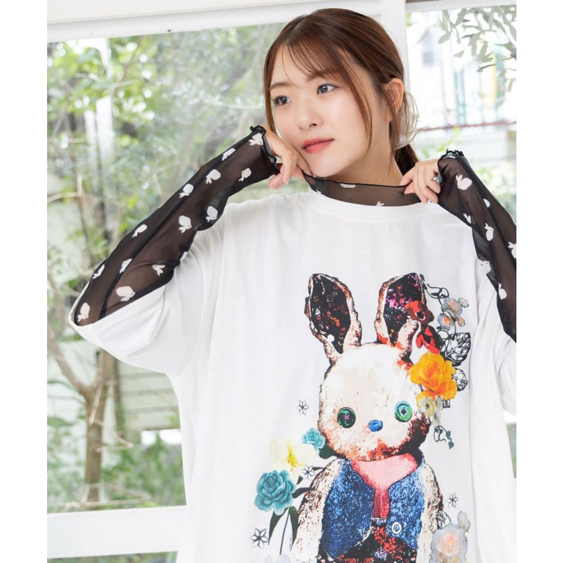 ScoLar - 【ScoLar】ウサギと花  チュニック ・花柄かすれプリント 二点 ScoLar】ウサギと花 チュニック ・花柄かすれプリント 二点