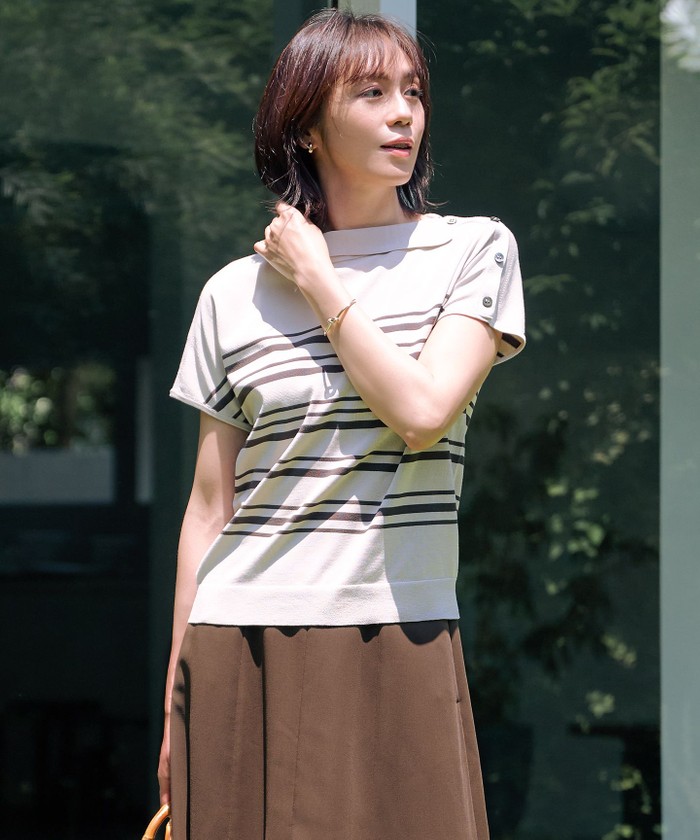 未使用 未着 ジェイプレス J.PRESS 【洗える】ワイドボーダー ニット WEB限定カラーあり・洗える】COTTON POLYESTER ボーダー 襟付き