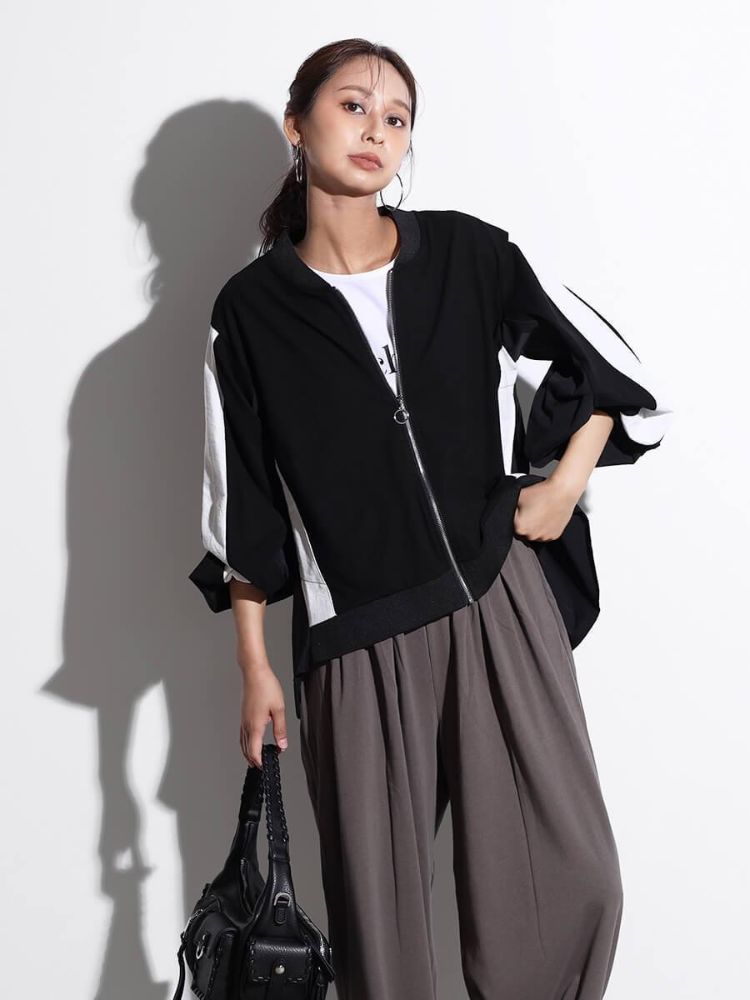 【定価19,800円】日本製　スコットクラブ　デザイントレーナー　ブラック　M スコットクラブ SCOTCLUB 異素材使いボリューム袖ブルゾン