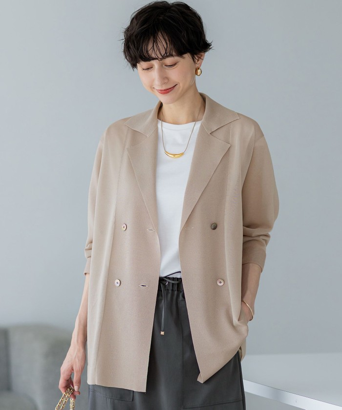 Burberrys ベージュ ダブルブレストジャケット 洗える】シアー ダブルブレスト ニット ジャケット(508368363