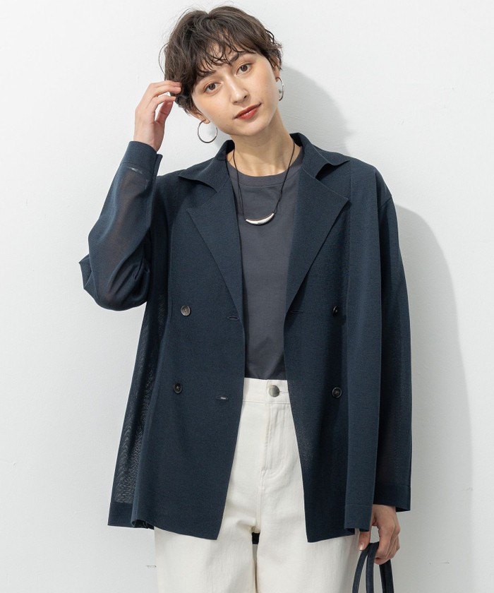 一部先行予約/洗える】シアー ダブルブレスト ニット ジャケット