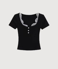 LA POMME petit/ラポミ プチ LA POMME petit Lace Stitching Square Collar Top/508430047