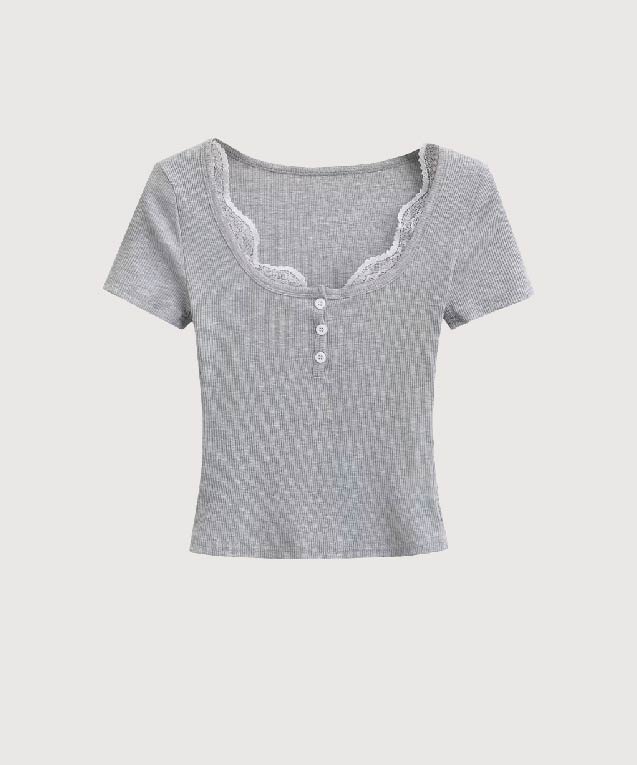 ラポミ プチ LA POMME petit Lace Stitching Square Collar Top
