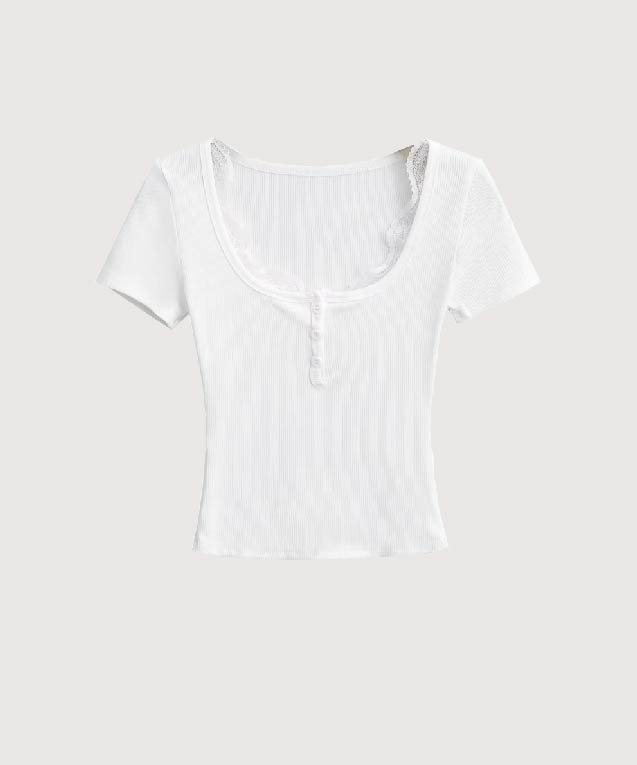 ラポミ プチ LA POMME petit Lace Stitching Square Collar Top