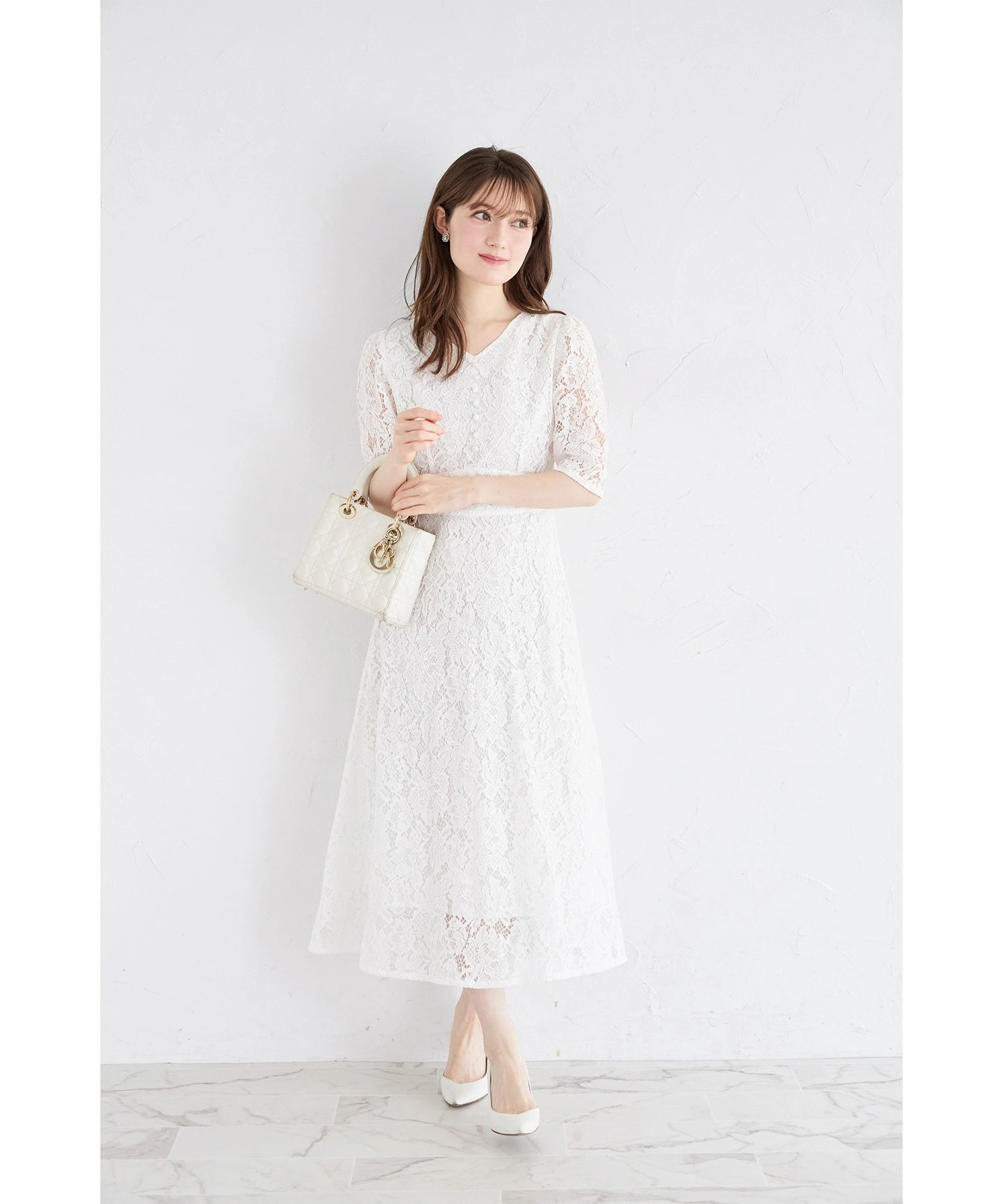 ミルフィーユクローゼット　チューリップフラワー　ワンピース　ホワイト　ドレス トッコクローゼット tocco closet くるみ飾り釦付きフラワー