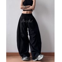 Belle Cie/ベルシー Belle Cie ワイドパンツ Y2K ゆるだぼ ロゴ ストリートパンツ 裾絞り 夏 レディース 韓国ファッション ダンス ドロスト 刺繍 ダボパン/508434351