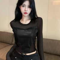 Belle Cie/ベルシー Belle Cie シアートップス 長袖 フェイクレザー ビスチェ モード 透け感 レディース 韓国ファッション クール トレンド 高見え セクシー /508437884
