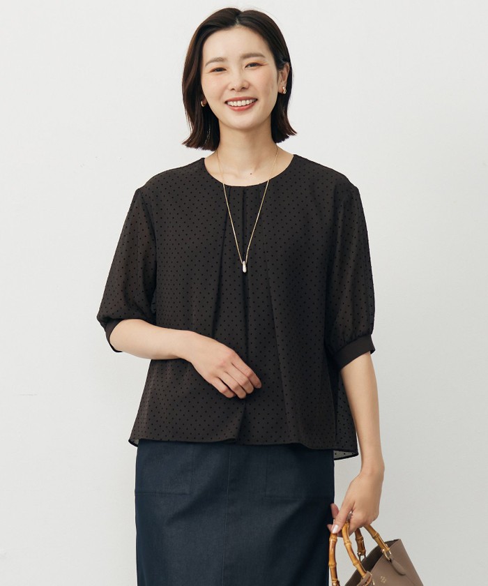 【24AW/通勤におすすめ/洗える】フロッキードット柄フレアスリーブカットソー フロッキードット柄フレアスリーブカットソー/洗える(カットソー