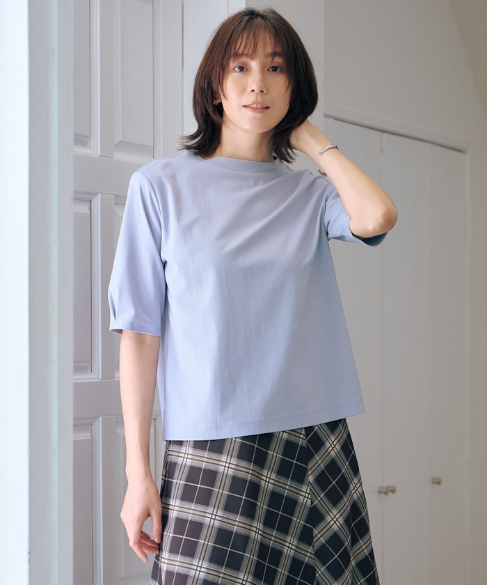 tシャツ 「洗える」プレーティングジャージー モックネックカットソー レディース tシャツ 「洗える」プレーティングジャージー モックネック