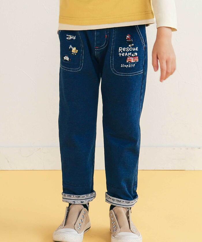 お揃い】はたらくくるま恐竜プリントデニムニットパンツ(80