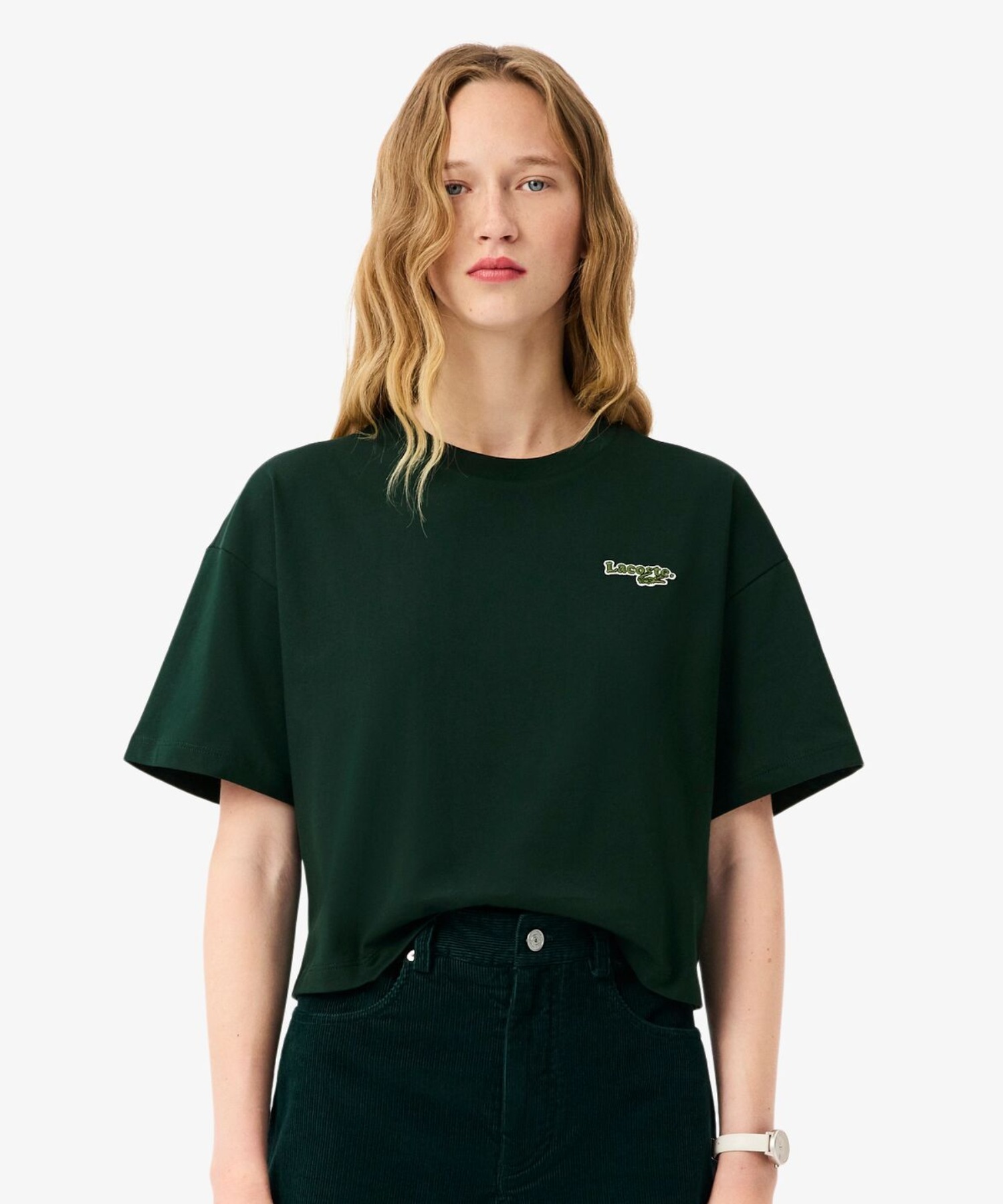 【LACOSTE】★ユニセックス★FLICKY LOGO CREW TOP★正規品★ ラコステ LACOSTE ネーム＆ワニロゴパッチクロップドTシャツ