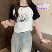 And Kawaii/アンドカワイイ And Kawaii レトロ漫画プリント配色Tシャツ 半袖 カジュアル ショート丈/508451421