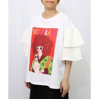 ScoLar/スカラー ScoLar ネコと女の子アート柄 ボリューム袖Tシャツ/508452596