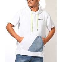 LUXSTYLE/ラグスタイル LUXSTYLE フード付きデニム切替ポケット半袖Tシャツ/フーディ フード付き 蛍光色 ネオンカラー 差し色 刺繍 ロゴ デニム 切替/508455662