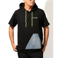 LUXSTYLE/ラグスタイル LUXSTYLE フード付きデニム切替ポケット半袖Tシャツ/フーディ フード付き 蛍光色 ネオンカラー 差し色 刺繍 ロゴ デニム 切替/508455662