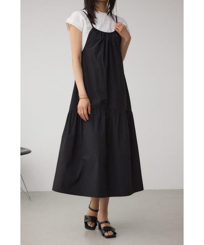 シャインパールトップ配色ミディワンピース シフォンワンピースドレス/レイヤード/透け感/谷間見せ/背中隠し
