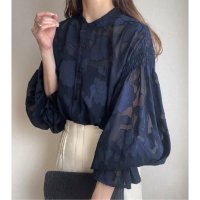 Belle Cie/ベルシー Belle Cie シアーブラウス シアートップス ジャガード ボリューム袖 透け感 レディース 韓国ファッション フェミニン きれいめ オフィス 卒/508460276