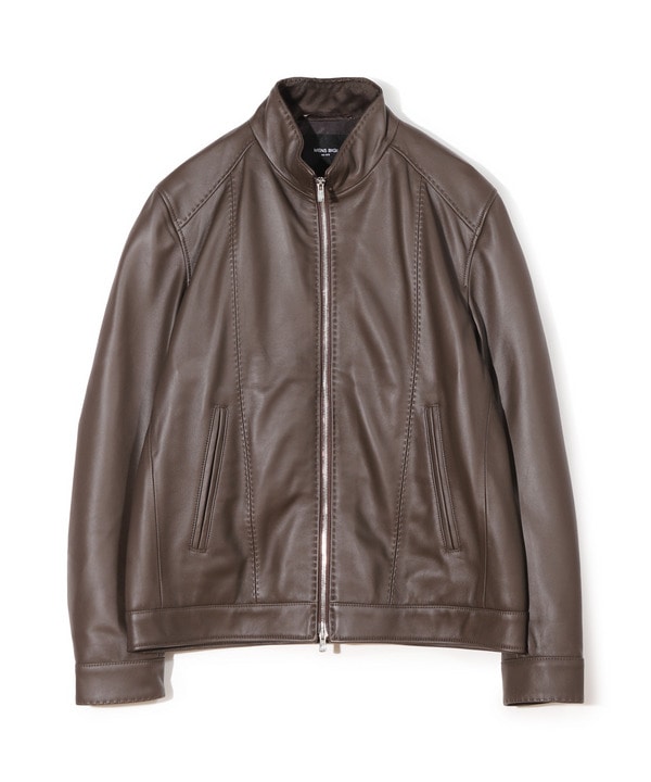 Men's Bigi レザーシングルライダースジャケット シープレザー　ブラウン スタンドカラーシングルライダース シープレザージャケット