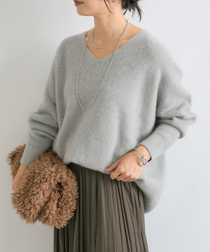 RIVE DROITE リヴドロワ　ヘアリーウール片畦Vネックニット 今期 抜け感シルエット】ヘアリーウール片畦Vネックニット | RIVE
